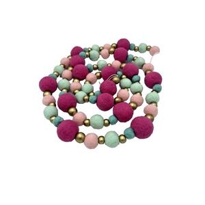 Karma Gifts  72"L Wool Felt Ball Garland with Gold Wood Beads Pink Turquoise NEW